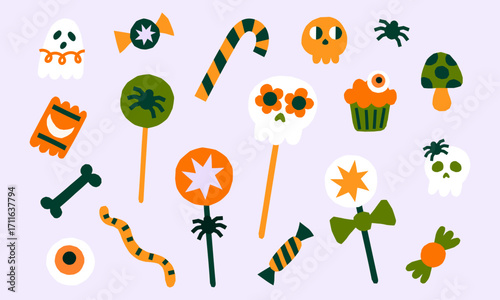 Cute simple Halloween treats, sweats, candies, lollipop, candy cane, cupcake vector illustration set