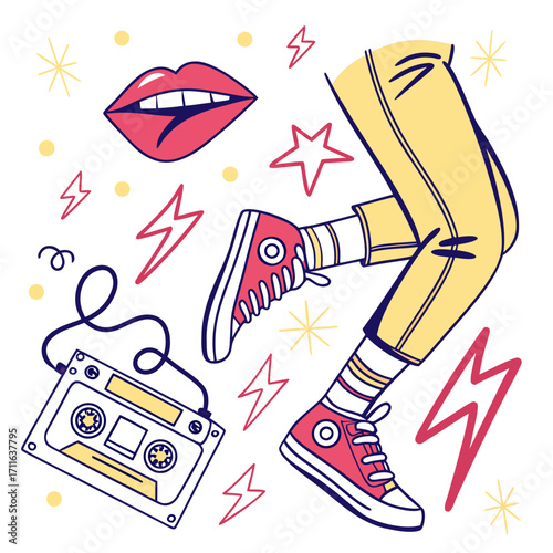 Retro 1980s style illustration of legs in sneakers with cassette tape and vibrant pop art elements