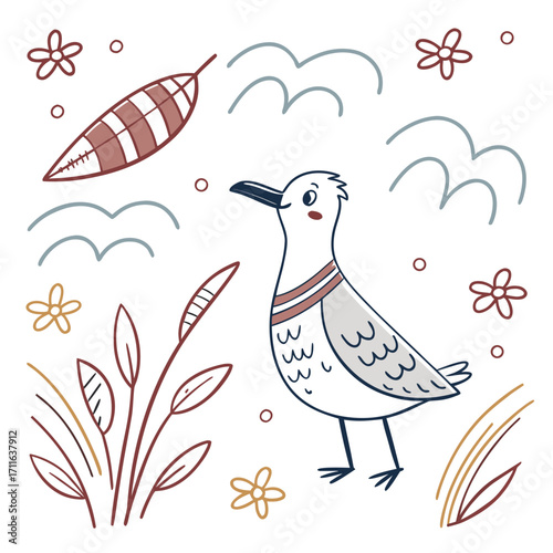 Cute cartoon seagull standing in a field with flowers and reeds under a sky with flying birds