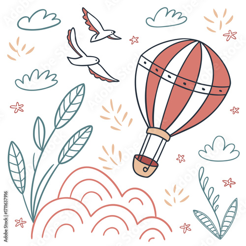 Whimsical hand drawn hot air balloon flying with birds and clouds in a playful doodle style