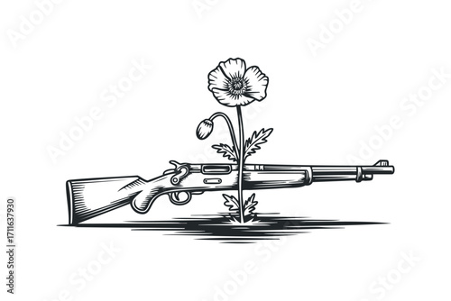 Vintage rifle and blooming poppy flower. Vector hand drawn illustration
