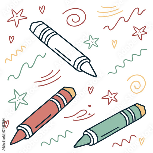 Three colorful hand drawn crayons with stars hearts and squiggles on a white background