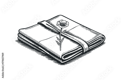 Stacked folded fabric tied with a thin ribbon and a poppy flower. Vector hand drawn illustration