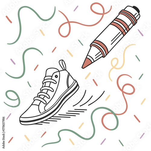 Playful drawing of a sneaker in motion with a crayon and colorful confetti and streamers