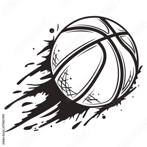 Dynamic black and white illustration of a basketball in motion with ink splatters