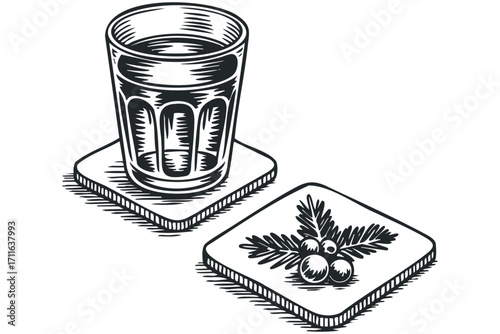 Woodcut style glass with liquid on square coaster next to festive berry and leaf decorated coaster. Vector hand drawn illustration