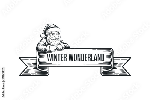 Santa Claus with Winter Wonderland text on a ribbon. Vector hand drawn illustration