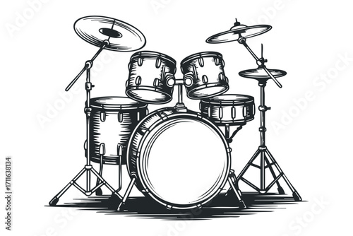Drum kit with cymbals on transparent background, graphic musical instrument. Vector hand drawn illustration