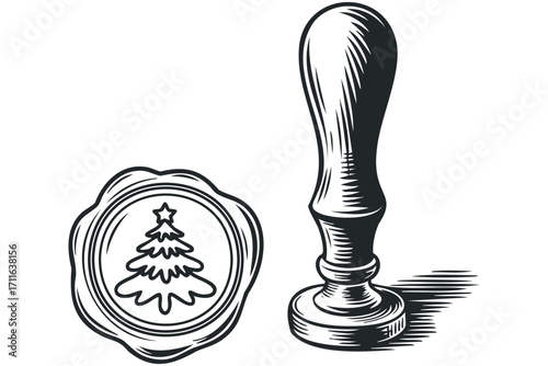 Christmas Tree Seal Wax Stamp Imprint. Vector hand drawn illustration