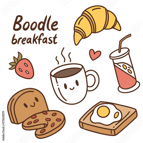Cute kawaii breakfast food illustration with coffee croissant toast strawberry and drink