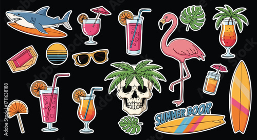 Vibrant summer beach stickers with shark, flamingo, cocktails, and surfboards for fun designs