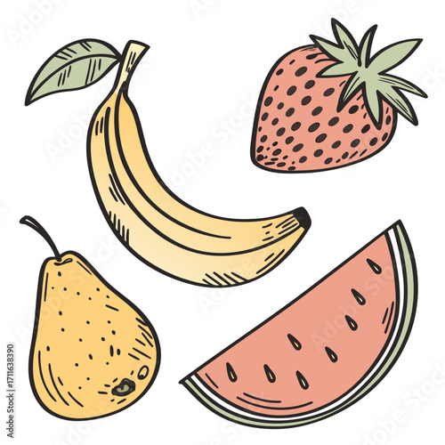 Hand drawn colorful assortment of fresh fruits including banana strawberry pear and watermelon slice