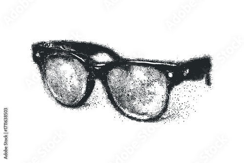 Grayscale distressed half frame eyeglasses. Vector hand drawn illustration