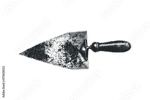Antique trowel with textured surface on transparent background. Vector hand drawn illustration