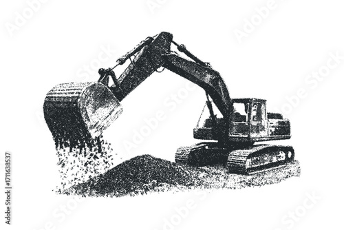 Excavator scooping soil, construction vehicle on transparent background. Vector hand drawn illustration