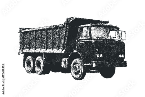 Large heavy duty dump truck isolated on white graphic. Vector hand drawn illustration
