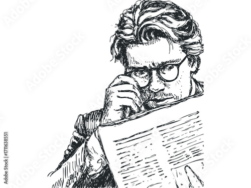 Man with glasses reading newspaper, sketch style, transparent. Vector hand drawn illustration