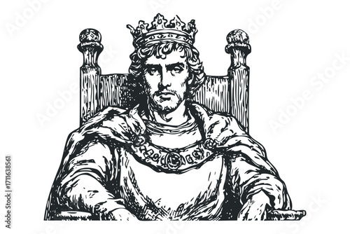 King sitting on ornate chair wearing crown and regal cloak. Vector hand drawn illustration