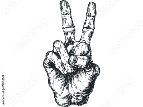 Hand making peace sign, scratchboard style. Vector hand drawn illustration
