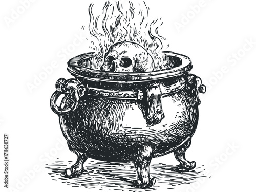 Hand drawn skull in cauldron with smoke on transparent background. Vector hand drawn illustration