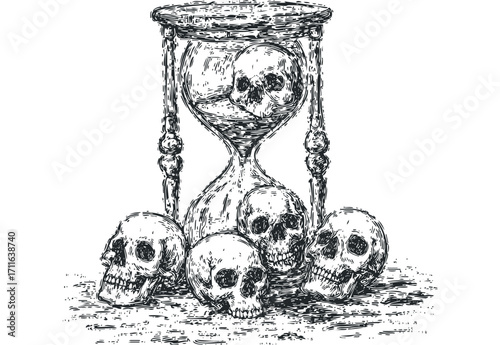 Hourglass surrounded by multiple skulls,. Vector hand drawn illustration