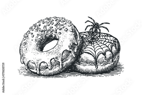 Hand drawn sketch of two donuts, one with sprinkles and icing, the other with a spider web and spider. Vector hand drawn illustration
