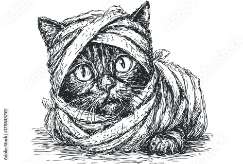 Pensive Cat Wrapped in Bandages, Hand Drawn Sketch. Vector hand drawn illustration