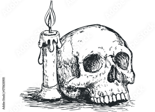 Skull and burning candle sketch on transparent background. Vector hand drawn illustration