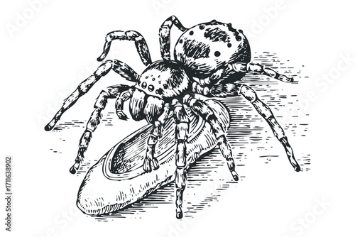 Detailed ink drawing of a spider carrying a ballet shoe on a transparent background. Vector hand drawn illustration