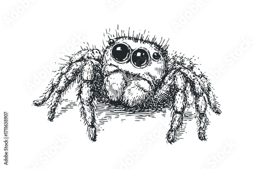 Detailed sketch of a fuzzy jumping spider with large eyes on transparent background. Vector hand drawn illustration