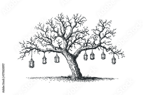 Bare tree with hanging lanterns. Vector hand drawn illustration
