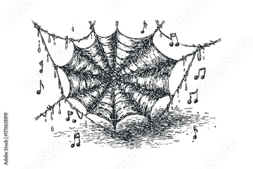 Barbed wire adorned with a spiderweb and hanging musical notes. Vector hand drawn illustration