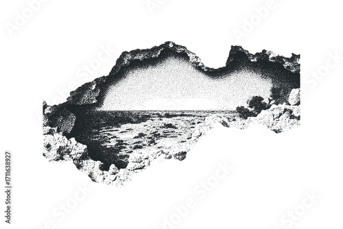 Stippled landscape viewed through rugged opening. Vector hand drawn illustration
