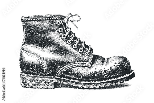 Textured black and white stipple drawing of a sturdy leather boot. Vector hand drawn illustration
