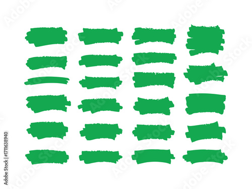 Set of green hand-painted brush stroke rectangular shapes for design projects and accents