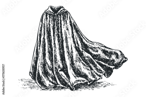Black cloak with flowing fabric and collar on a white background. Vector hand drawn illustration