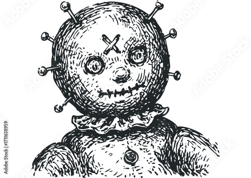 Disturbing Voodoo Doll with Pins. Vector hand drawn illustration