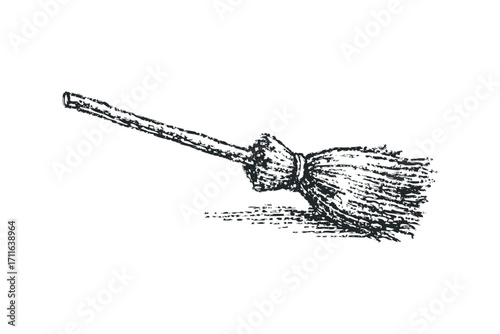 Pencil sketch of a traditional wooden broom with straw bristles on a transparent. Vector hand drawn illustration