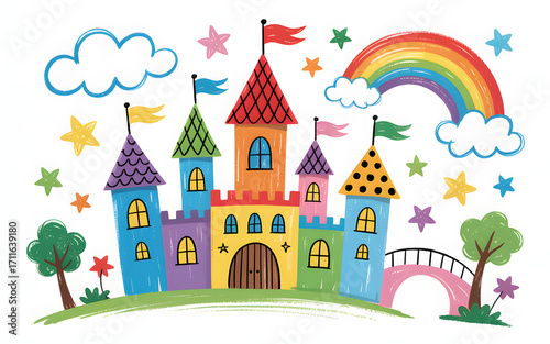 Enchanting Castle Illustration with Rainbow, Clouds, and Stars for Children's Books, Fantasy Themes, and Creative Design Projects with Joyful Colors