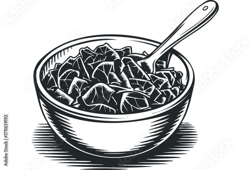 Textured bowl filled with chopped vegetables and a spoon. Vector hand drawn illustration