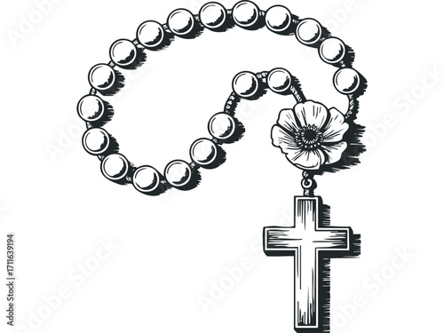 Christian rosary with cross and poppy flower. Vector hand drawn illustration