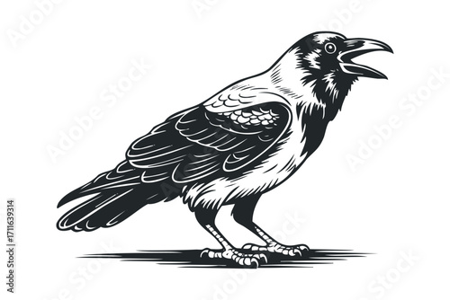 Black crow with open beak on transparent background. Vector hand drawn illustration