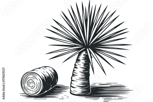 Isolated yucca tree and hay bale graphic on transparent background. Vector hand drawn illustration