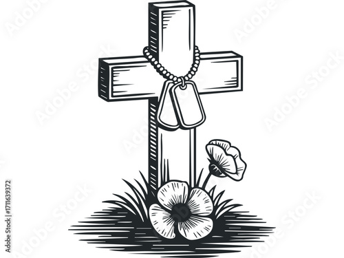 Symbolic Christian cross with dog tags and poppies. Vector hand drawn illustration