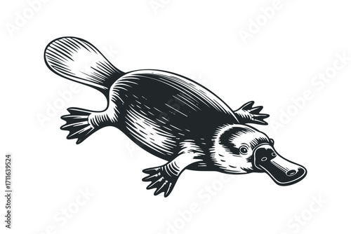 Engraved Platypus Mammal Illustration Transparent. Vector hand drawn illustration