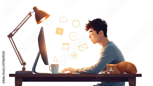Young business people working at a desk, a woman using a computer while a man writes on paper with a pen