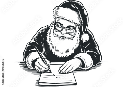 Elderly man with beard and glasses writing on paper. Vector hand drawn illustration
