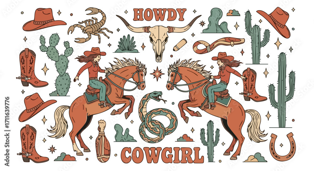 Fototapeta premium Cowgirl riding horse with cacti, boots, and scorpion in a Western-themed illustration