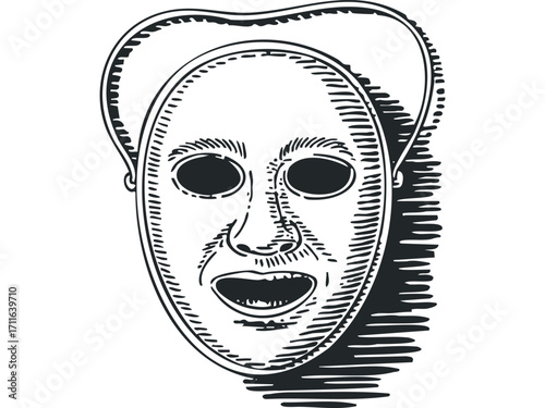 Hand drawn single theater mask with open mouth on transparent background. Vector hand drawn illustration