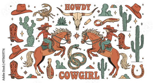 Cowgirl riding horse with cacti, boots, and scorpion in a Western-themed illustration